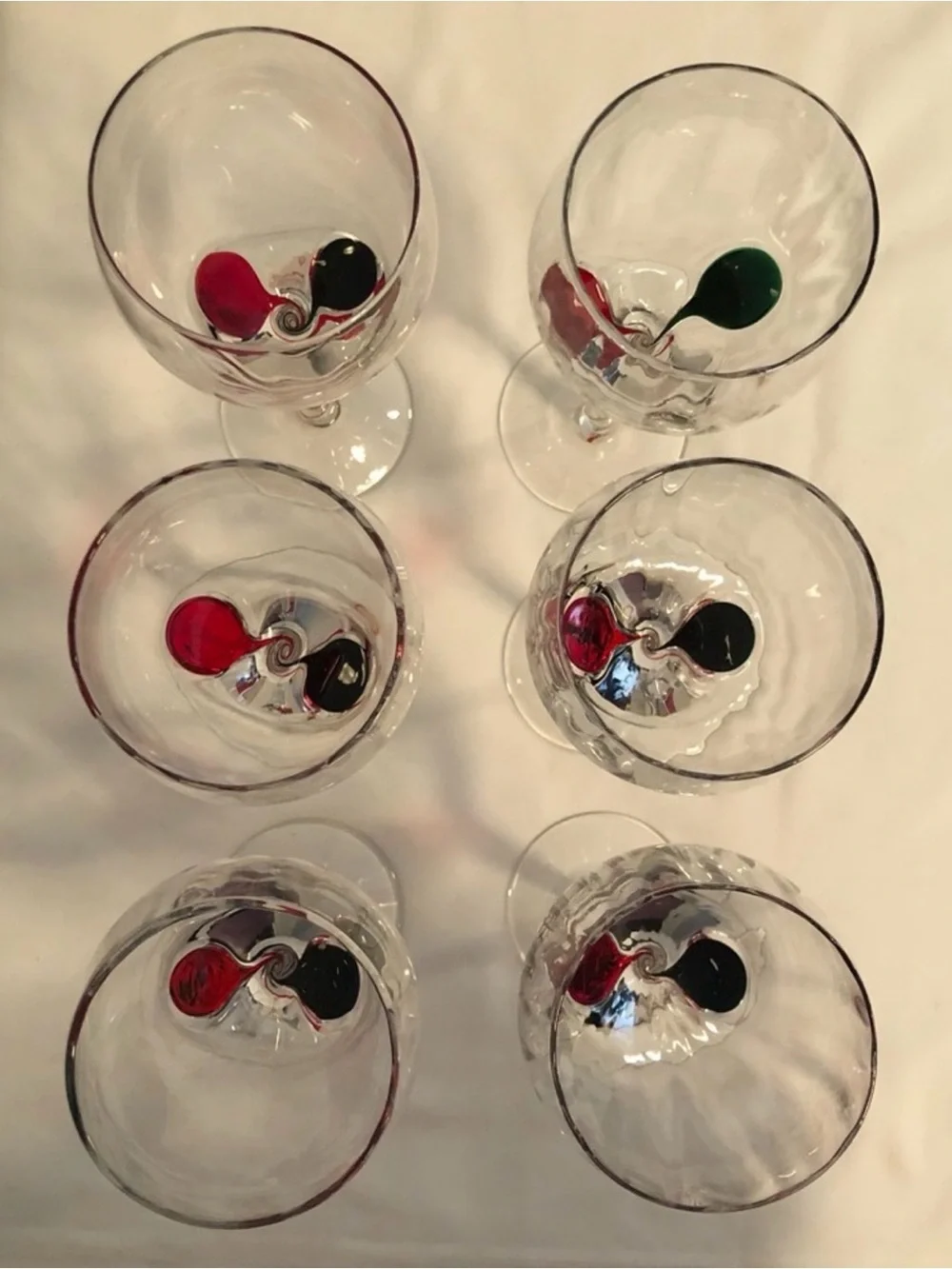 Pier 1 Hand Blown Optic Ribbon Wine Glasses 6, Green&Red Glass Drops&Spiral Stem